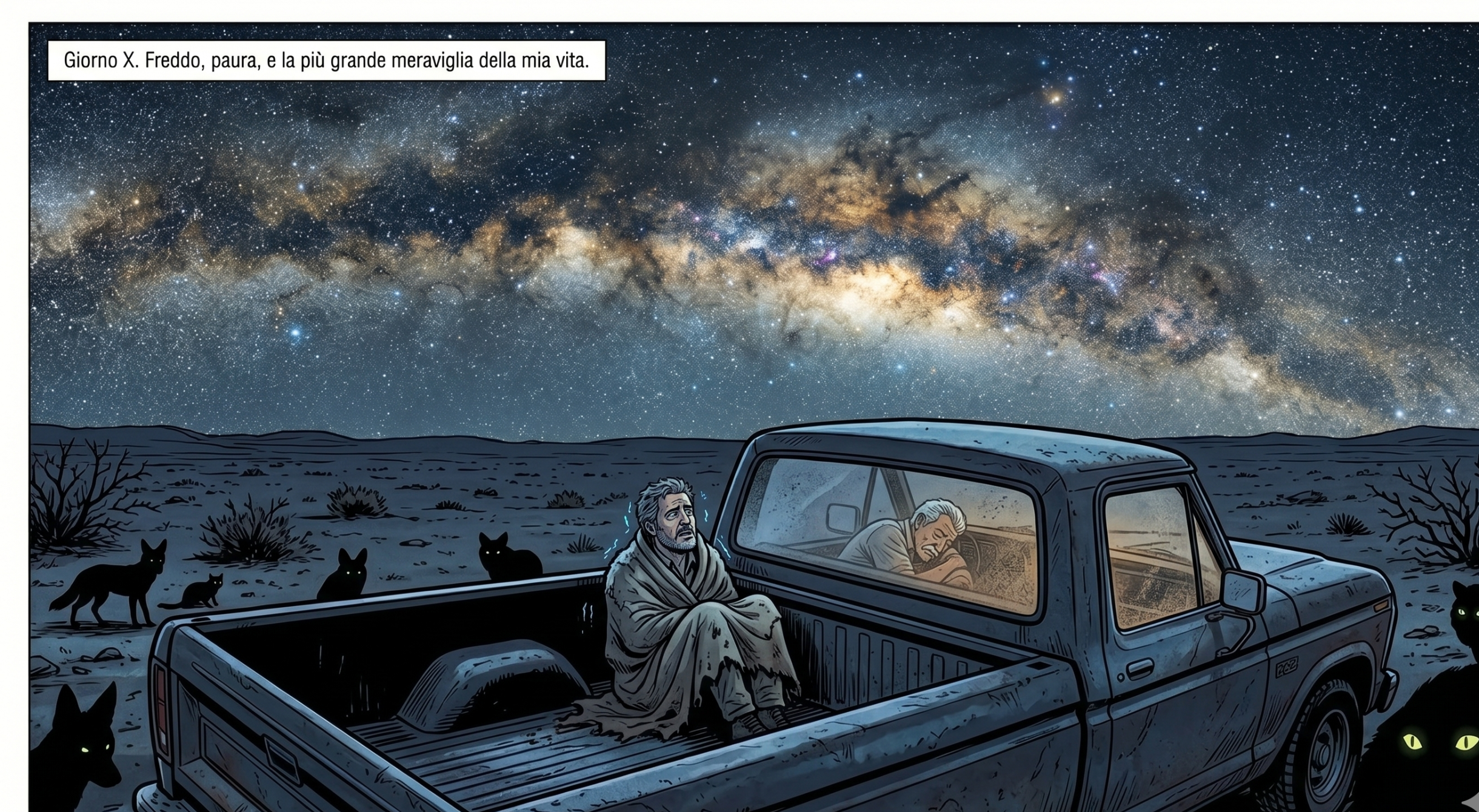 La notte nel deserto: Sergio sul cassone del pick-up sotto un cielo di stelle
