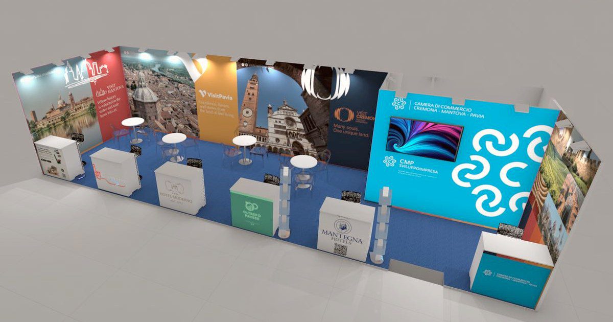 Render dall'alto dello spazio collettivo della Camera di Commercio al TTG 2026, padiglione C1 stand 111
