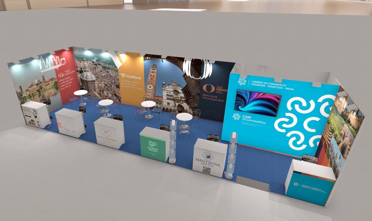 Render dall'alto dello spazio collettivo della Camera di Commercio di Cremona-Mantova-Pavia al TTG 2026, padiglione C1 stand 111